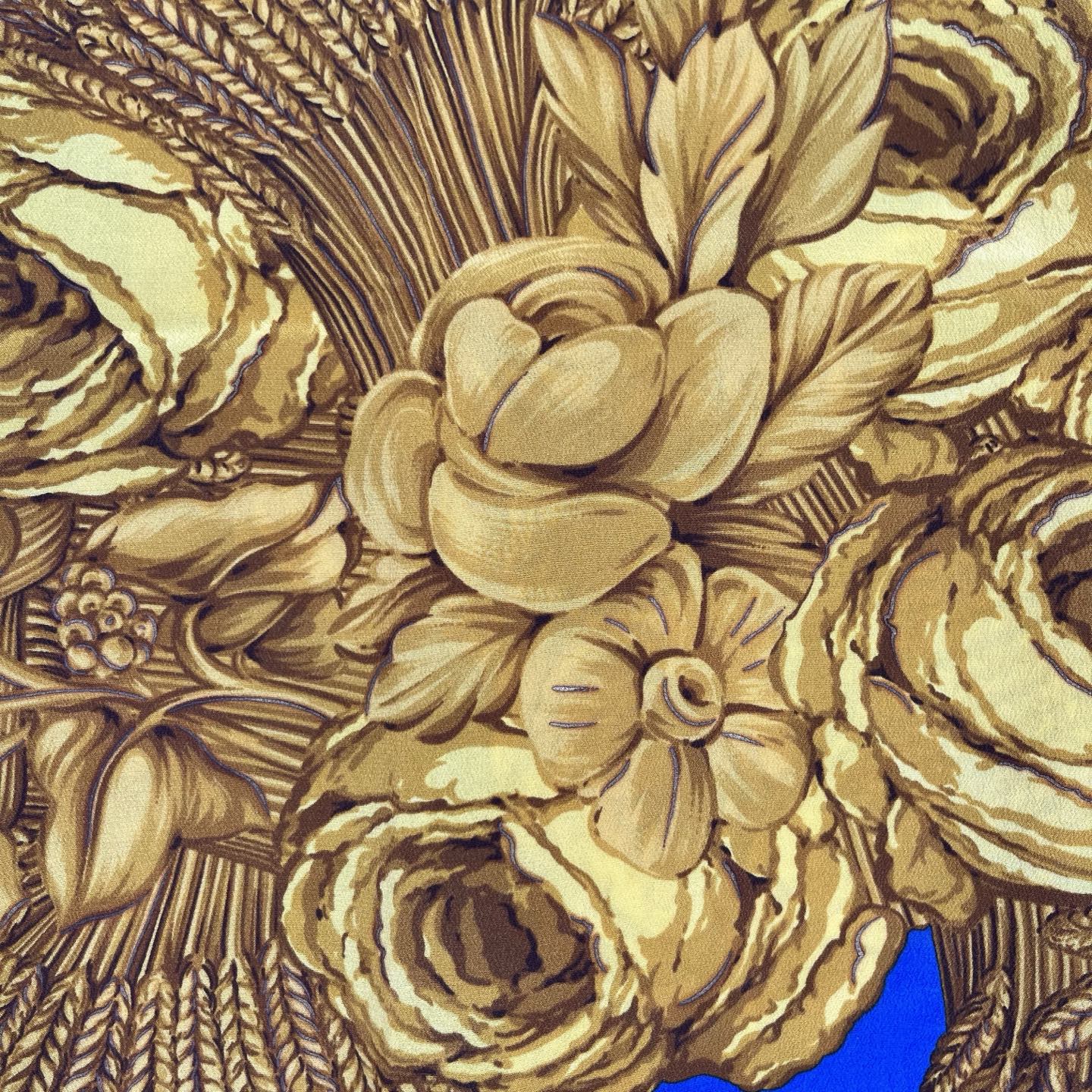 Chanel Royal Blue Silk Scarf with Gold Floral Bouquet Print 95×95 – Blue/Gold [Used]