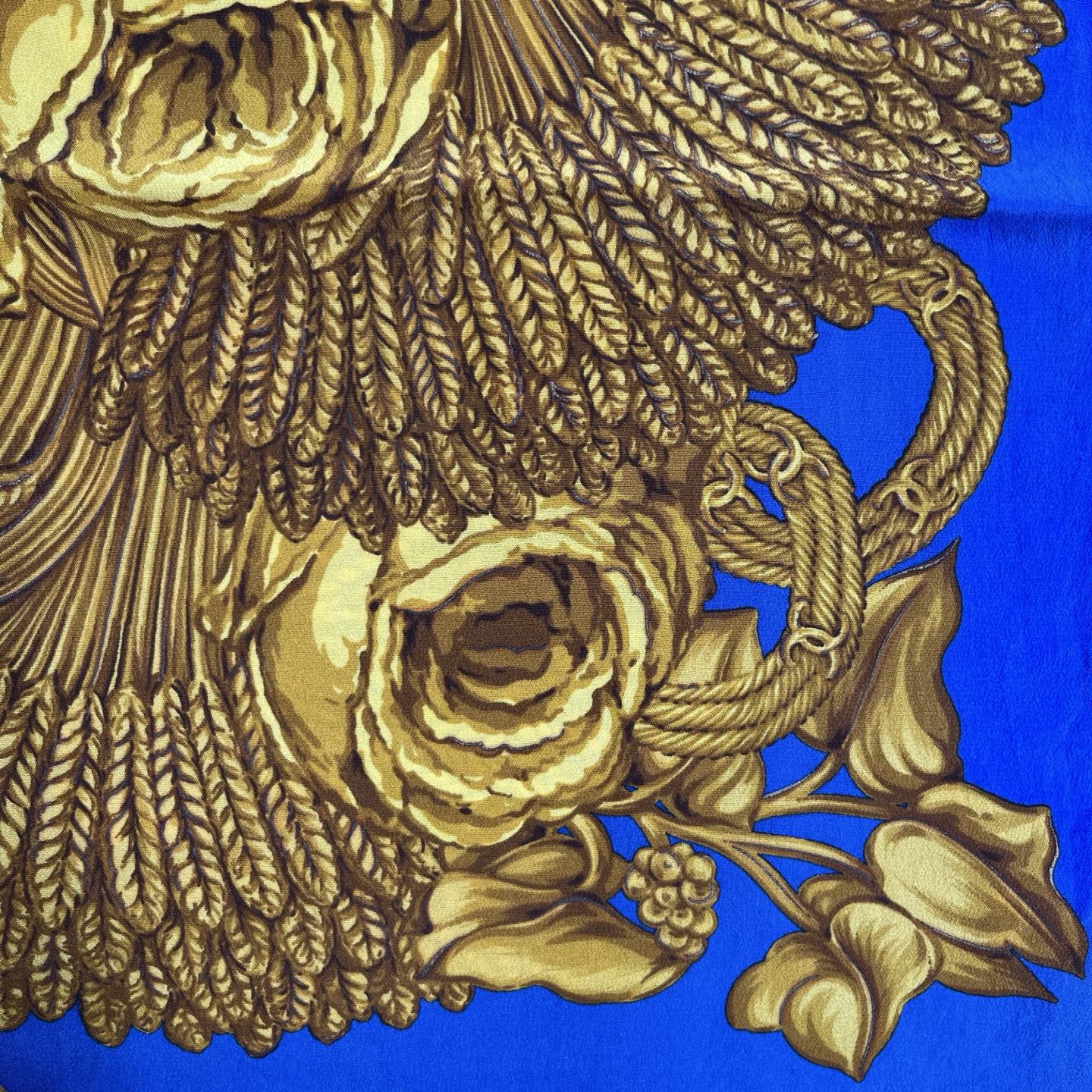 Chanel Royal Blue Silk Scarf with Gold Floral Bouquet Print 95×95 – Blue/Gold [Used]
