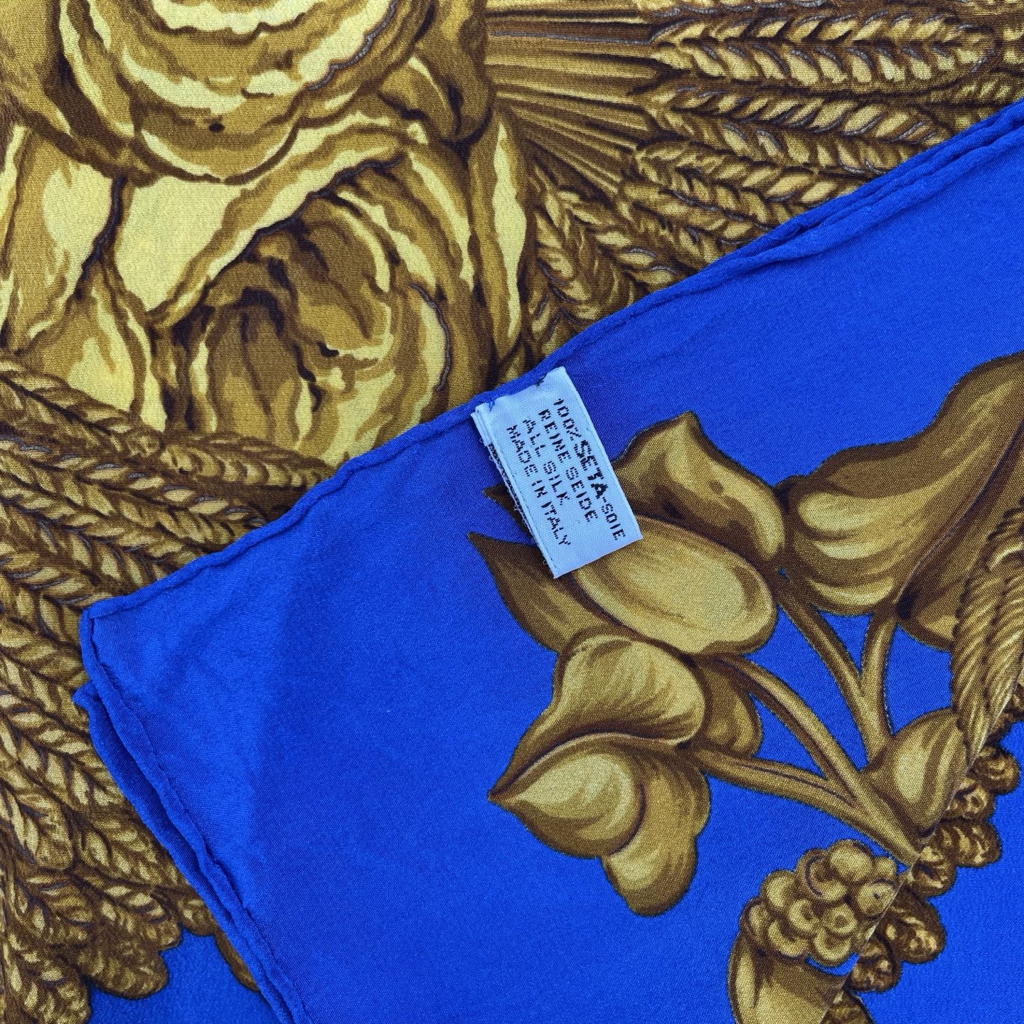 Chanel Royal Blue Silk Scarf with Gold Floral Bouquet Print 95×95 – Blue/Gold [Used]