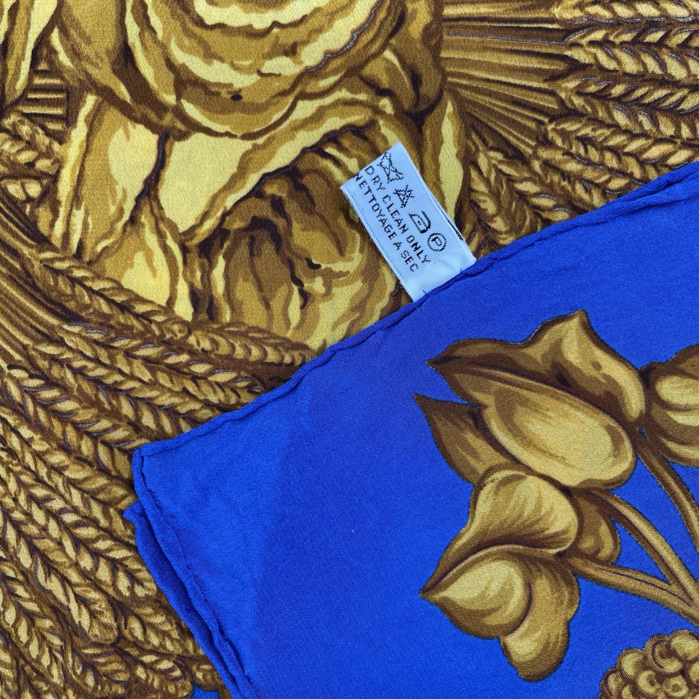 Chanel Royal Blue Silk Scarf with Gold Floral Bouquet Print 95×95 – Blue/Gold [Used]