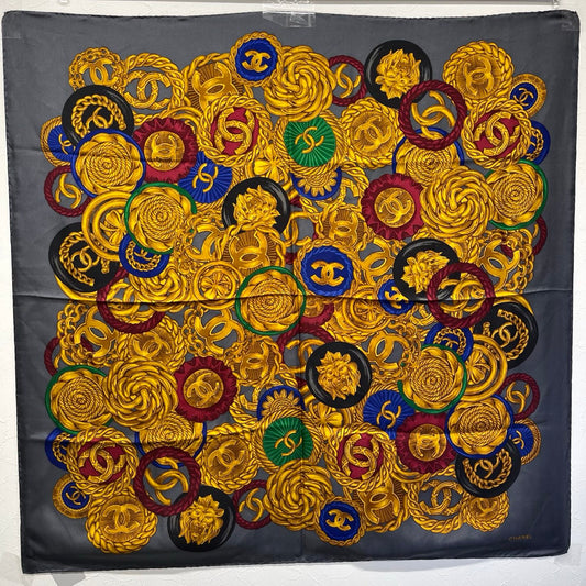 Chanel Gray Silk Scarf with Multicolor CC Graphic 95×95 – Gray/Gold/Multicolor [Used]