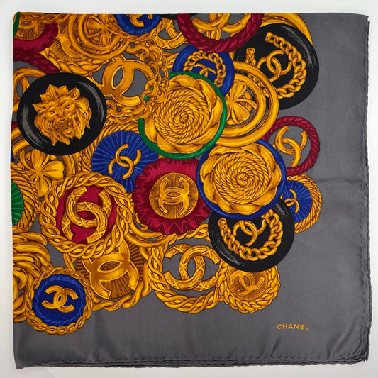 Chanel Gray Silk Scarf with Multicolor CC Graphic 95×95 – Gray/Gold/Multicolor [Used]