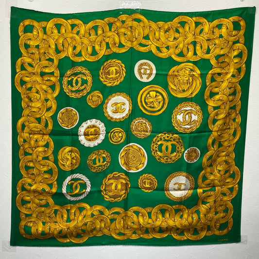 Chanel Green Silk Scarf with Gold CC Motif 95×95 – Green/Gold [Used]