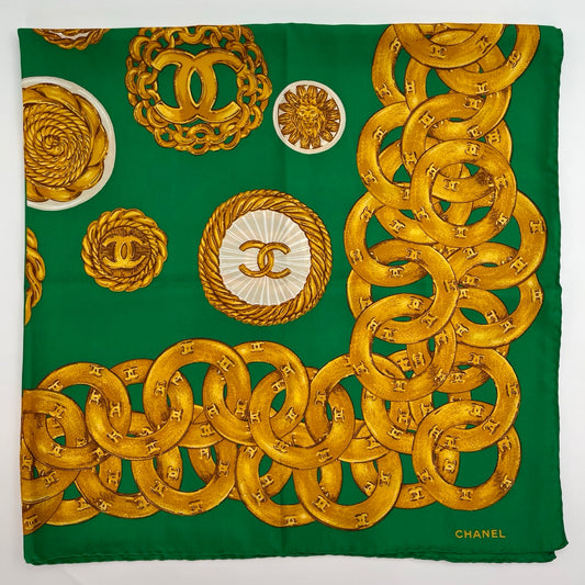 Chanel Green Silk Scarf with Gold CC Motif 95×95 – Green/Gold [Used]