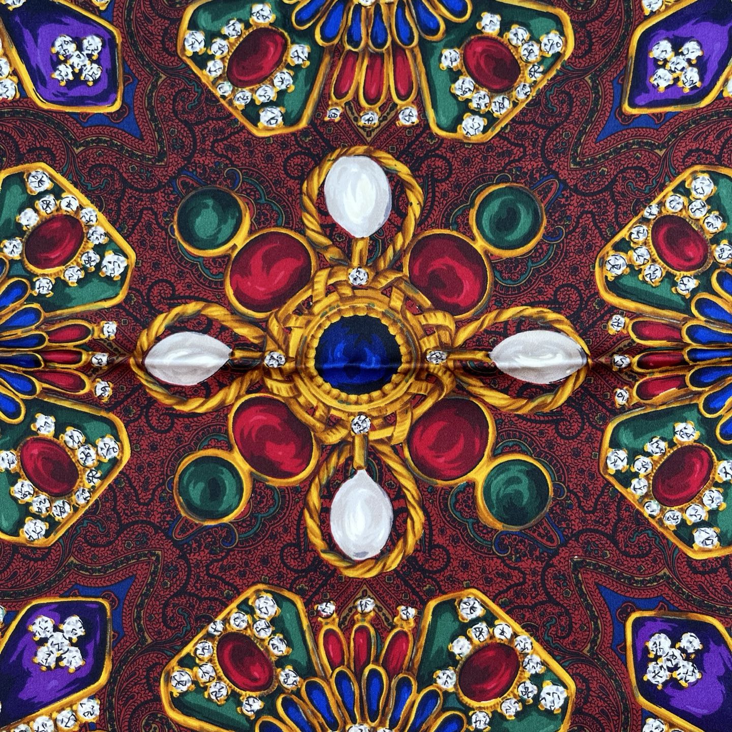 Chanel Deep Red Silk Scarf with Gold Jewelry Print – Red/Gold [Used]