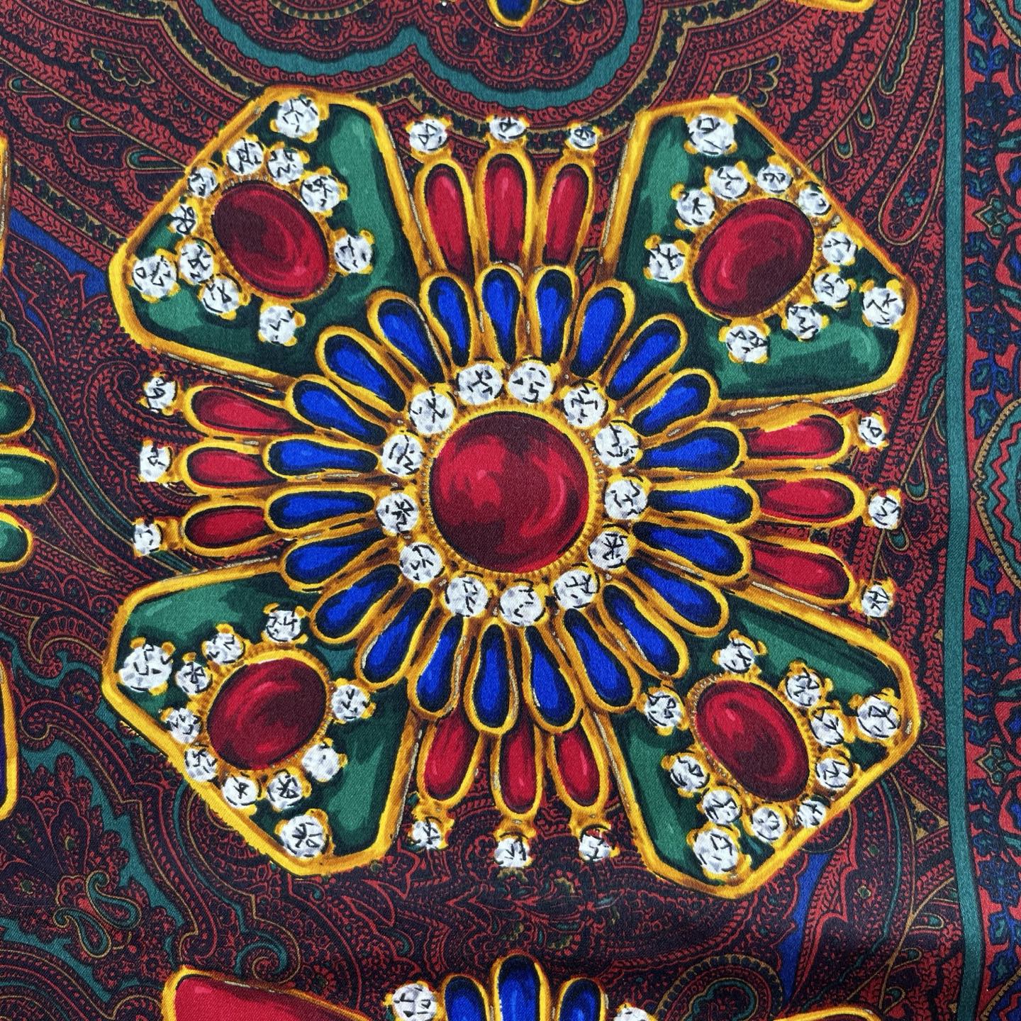Chanel Deep Red Silk Scarf with Gold Jewelry Print – Red/Gold [Used]