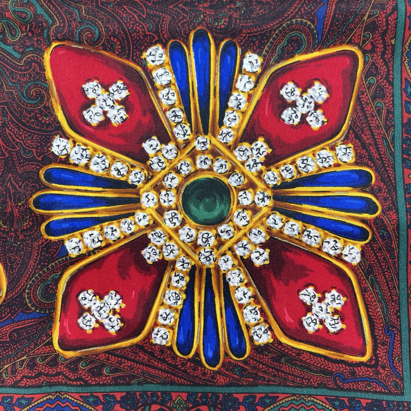 Chanel Deep Red Silk Scarf with Gold Jewelry Print – Red/Gold [Used]