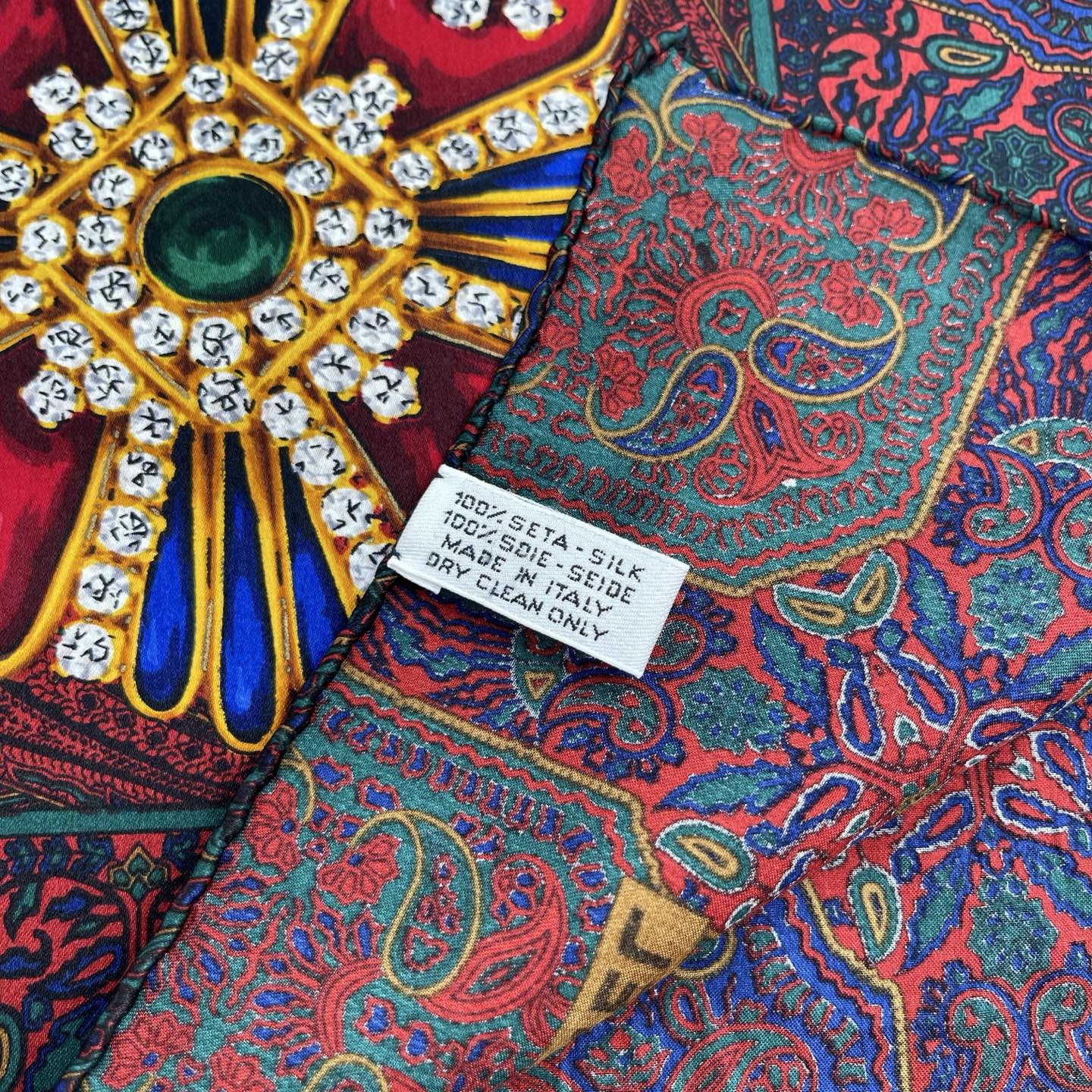 Chanel Deep Red Silk Scarf with Gold Jewelry Print – Red/Gold [Used]
