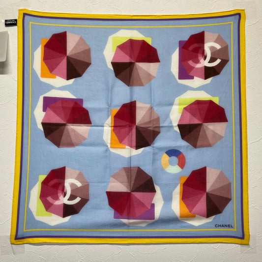 Chanel Blue Umbrella Print Cotton Square Scarf with Yellow Border – Blue/Multicolor [Full Set/Like New]
