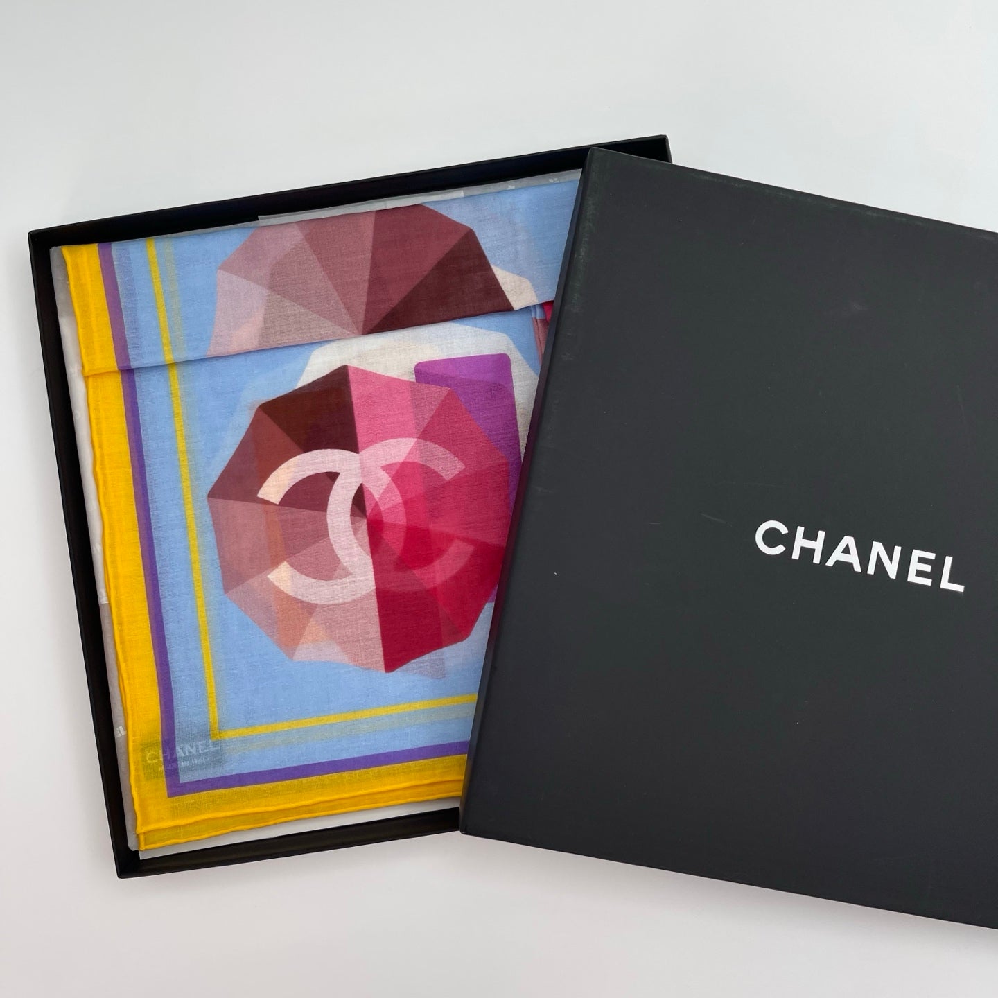 Chanel Blue Umbrella Print Cotton Square Scarf with Yellow Border – Blue/Multicolor [Full Set/Like New]