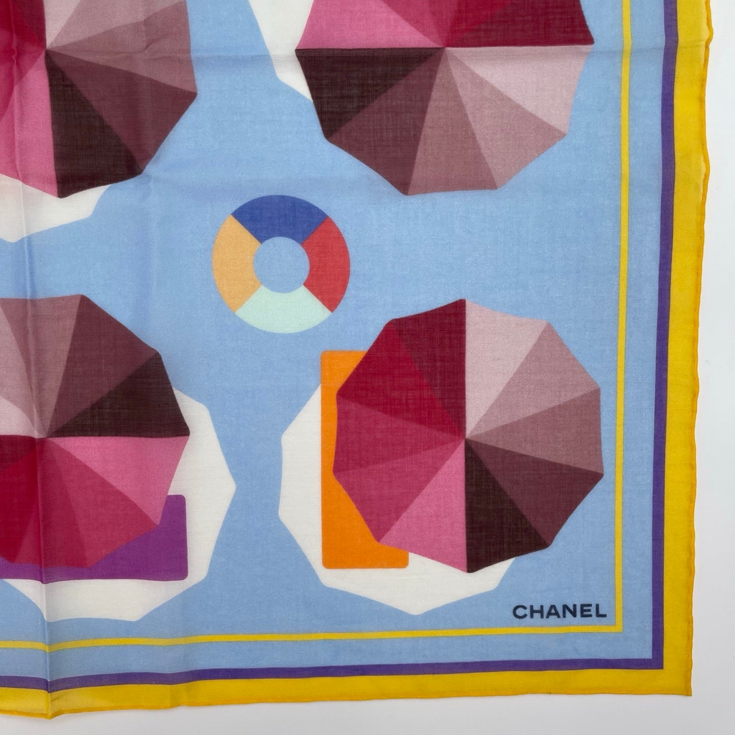 Chanel Blue Umbrella Print Cotton Square Scarf with Yellow Border – Blue/Multicolor [Full Set/Like New]