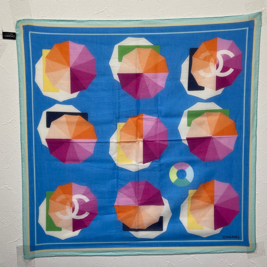 Chanel Blue Umbrella Print Cotton Square Scarf with Teal Border – Blue/Multicolor [Full Set/Like New]