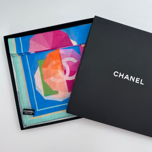 Chanel Blue Umbrella Print Cotton Square Scarf with Teal Border – Blue/Multicolor [Full Set/Like New]