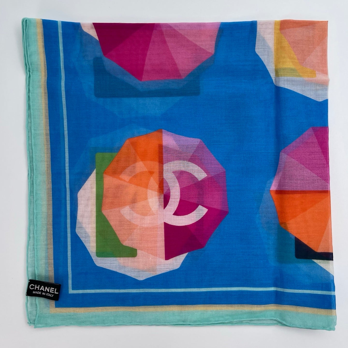 Chanel Blue Umbrella Print Cotton Square Scarf with Teal Border – Blue/Multicolor [Full Set/Like New]