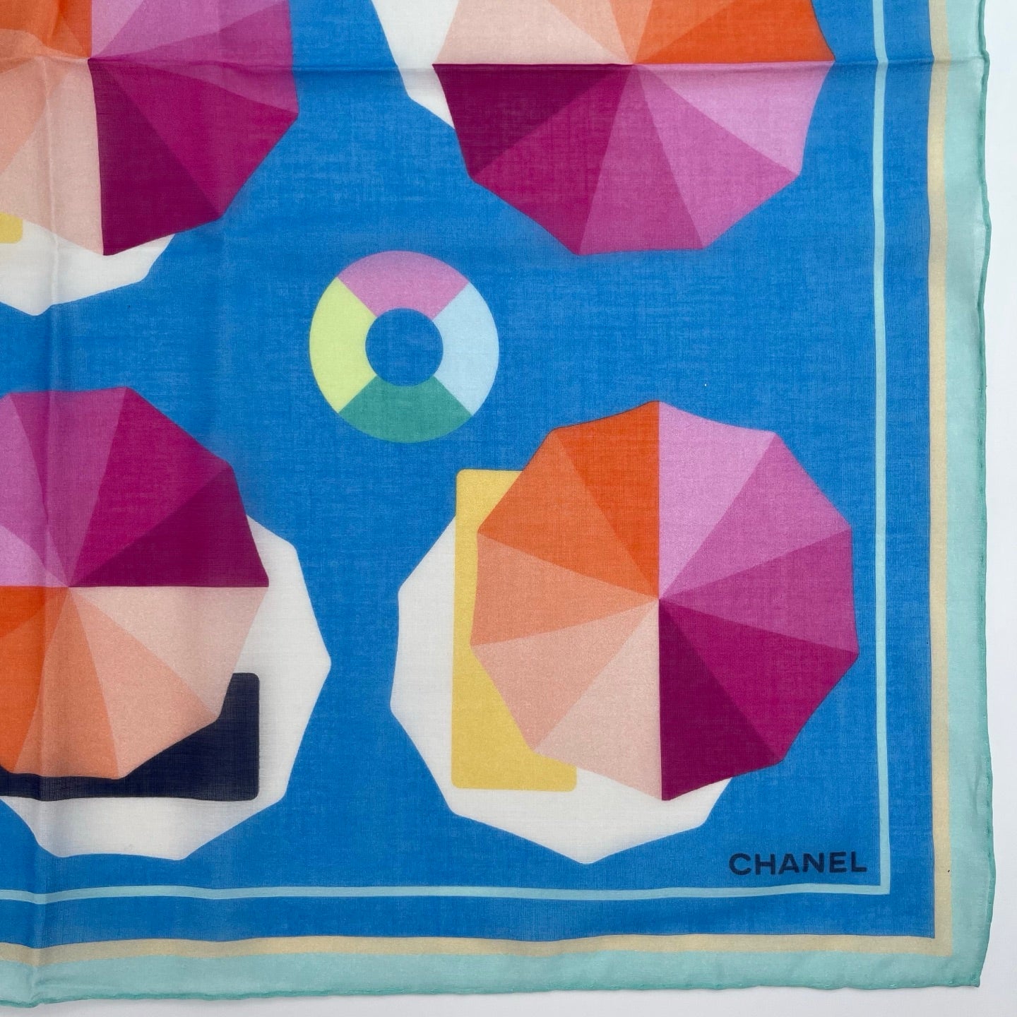 Chanel Blue Umbrella Print Cotton Square Scarf with Teal Border – Blue/Multicolor [Full Set/Like New]
