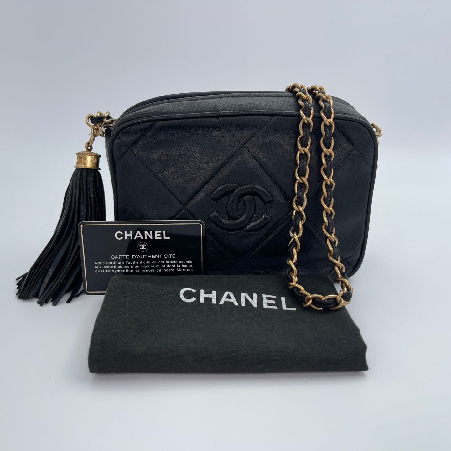Chanel Black/Gold Lambskin Double-Sided CC Tassel Chain Camera Bag [Used]