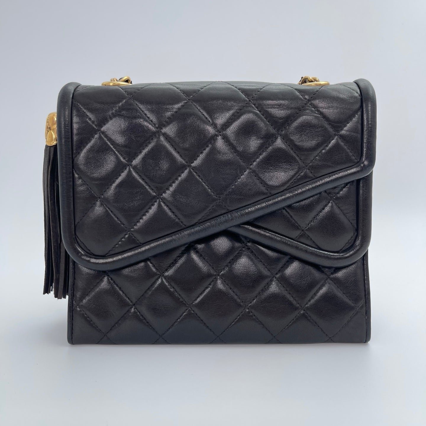 Chanel Black Lambskin Tassel Asymmetrical Double Flap Bag  [Used]