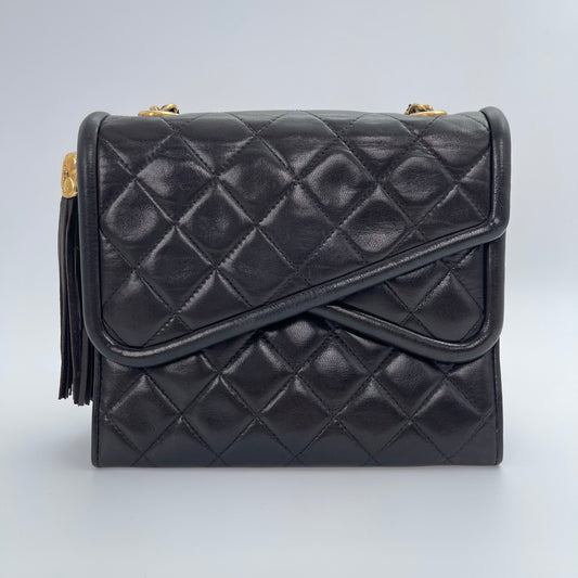 Chanel Black Lambskin Tassel Asymmetrical Double Flap Bag  [Used]