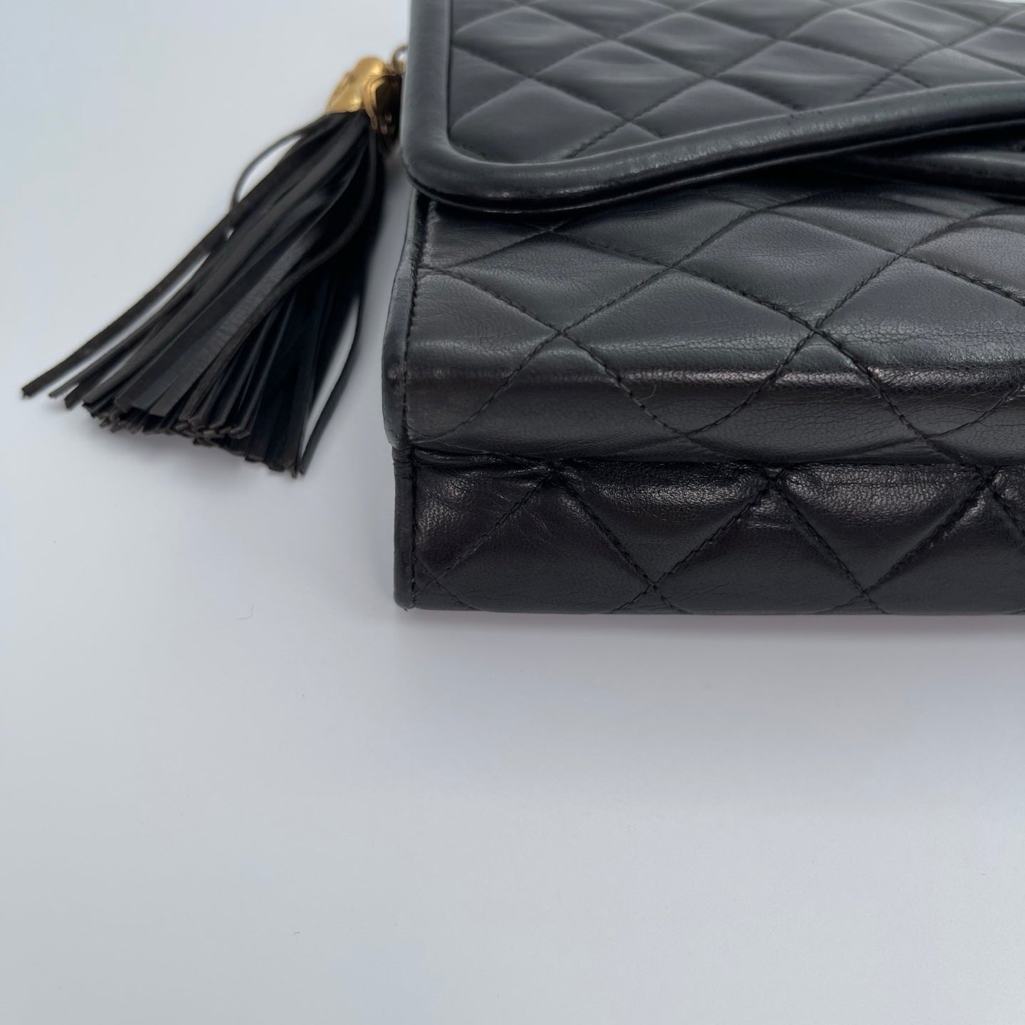 Chanel Black Lambskin Tassel Asymmetrical Double Flap Bag  [Used]