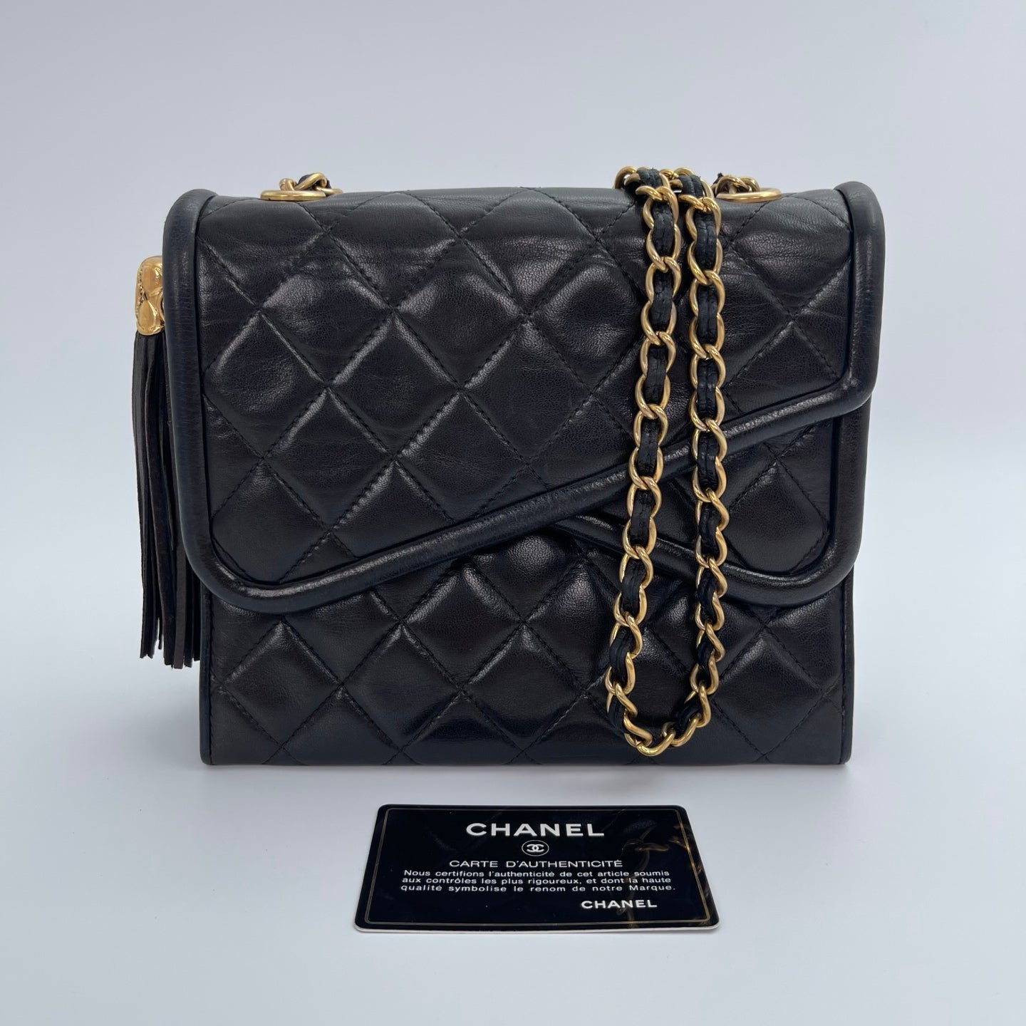 Chanel Black Lambskin Tassel Asymmetrical Double Flap Bag  [Used]