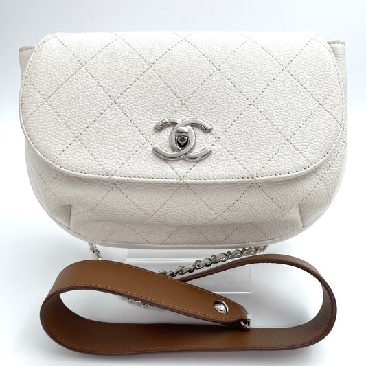 Chanel Flap Messenger Bag Milk White Caviar Leather Silver Hardware Medium[used]