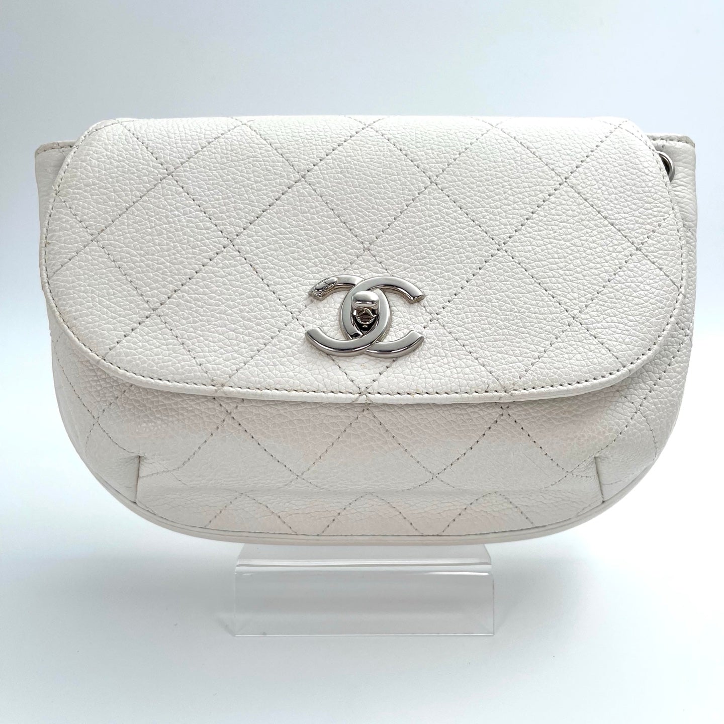 Chanel Flap Messenger Bag Milk White Caviar Leather Silver Hardware Medium[used]