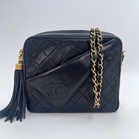 Chanel Black Lambskin Matelassé Fringe Chain Shoulder Bag [Used]