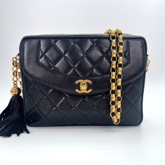 Chanel Black Lambskin Gold Ball Tassel Carved Camera Chain Bag [Used]
