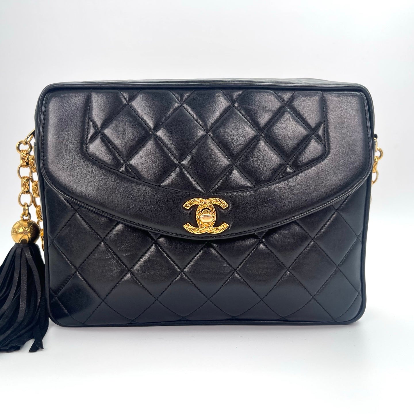 Chanel Black Lambskin Gold Ball Tassel Carved Camera Chain Bag [Used]