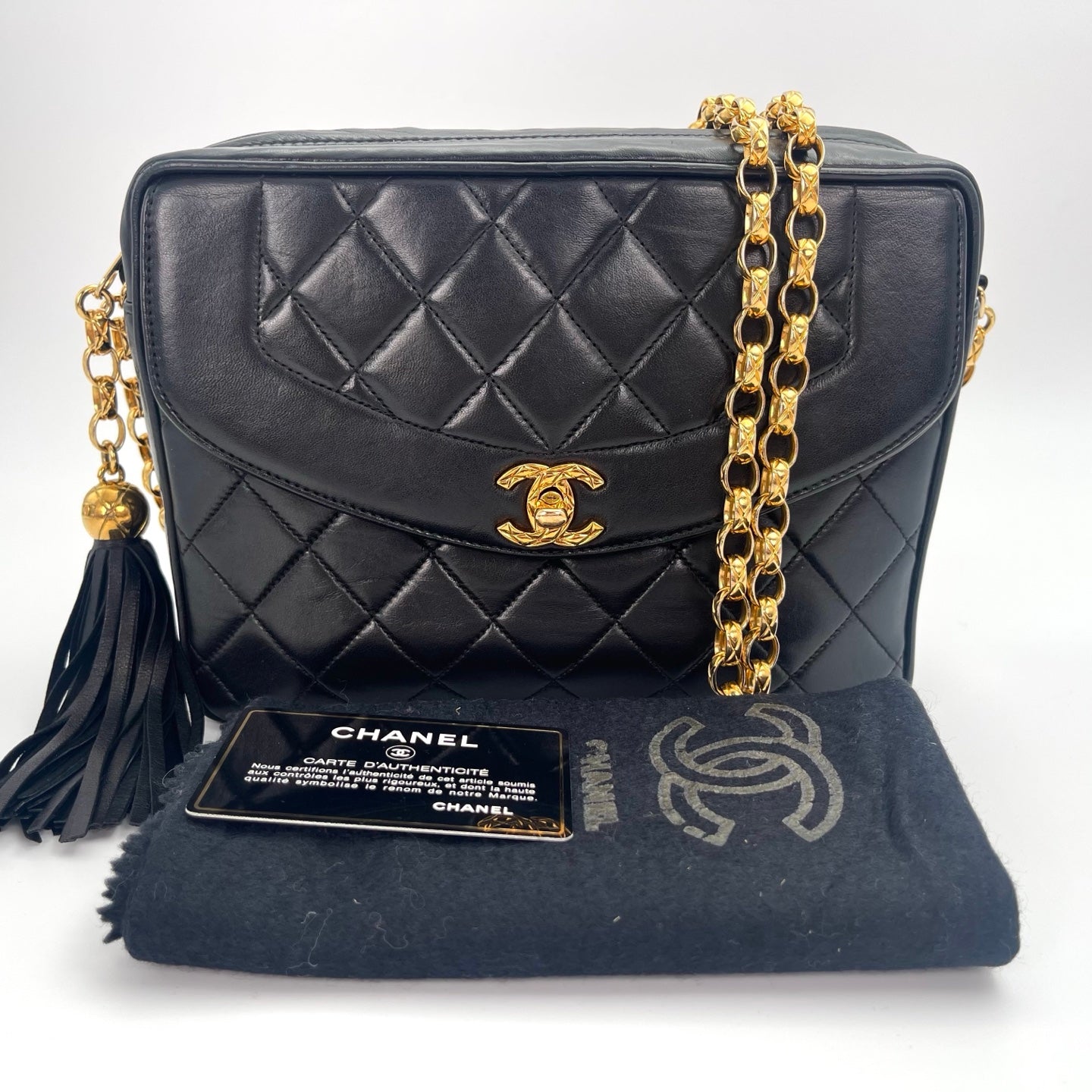 Chanel Black Lambskin Gold Ball Tassel Carved Camera Chain Bag [Used]
