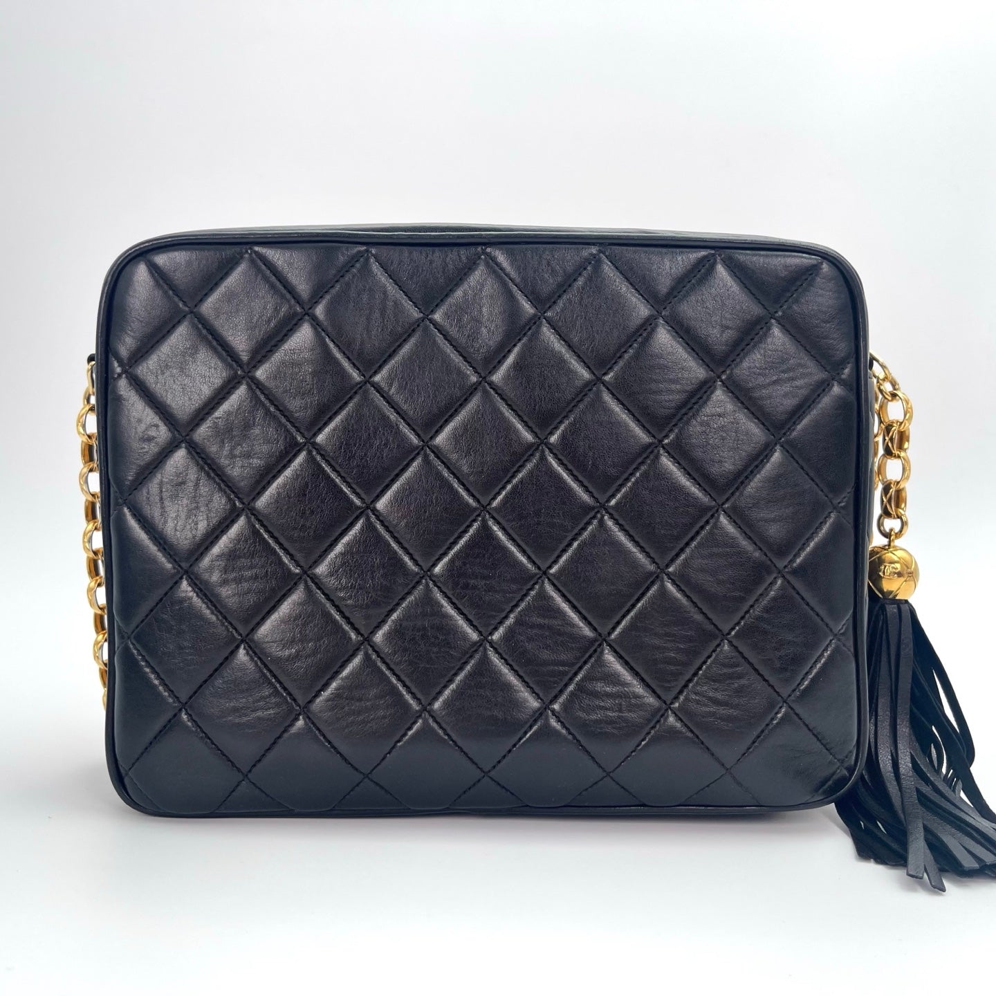 Chanel Black Lambskin Gold Ball Tassel Carved Camera Chain Bag [Used]