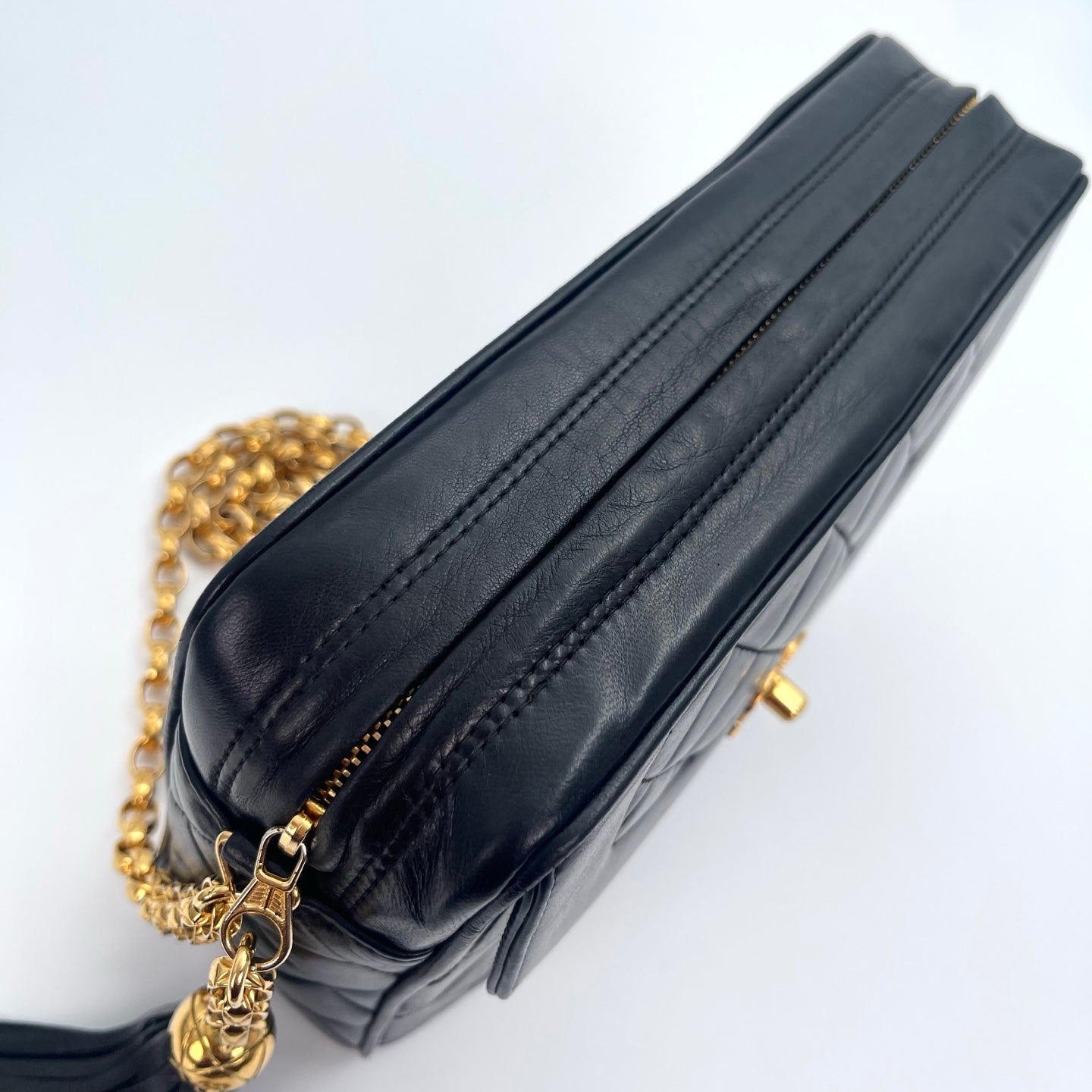 Chanel Black Lambskin Gold Ball Tassel Carved Camera Chain Bag [Used]