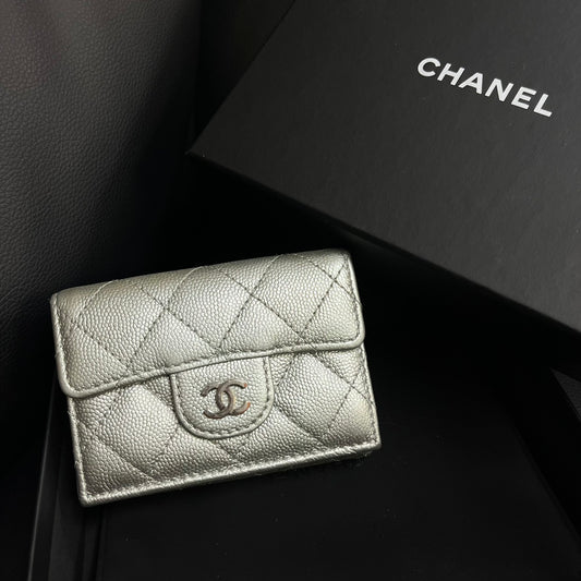 Chanel CF Mini Limited Edition Metallic Silver Leather Tri-Fold Wallet [Used]