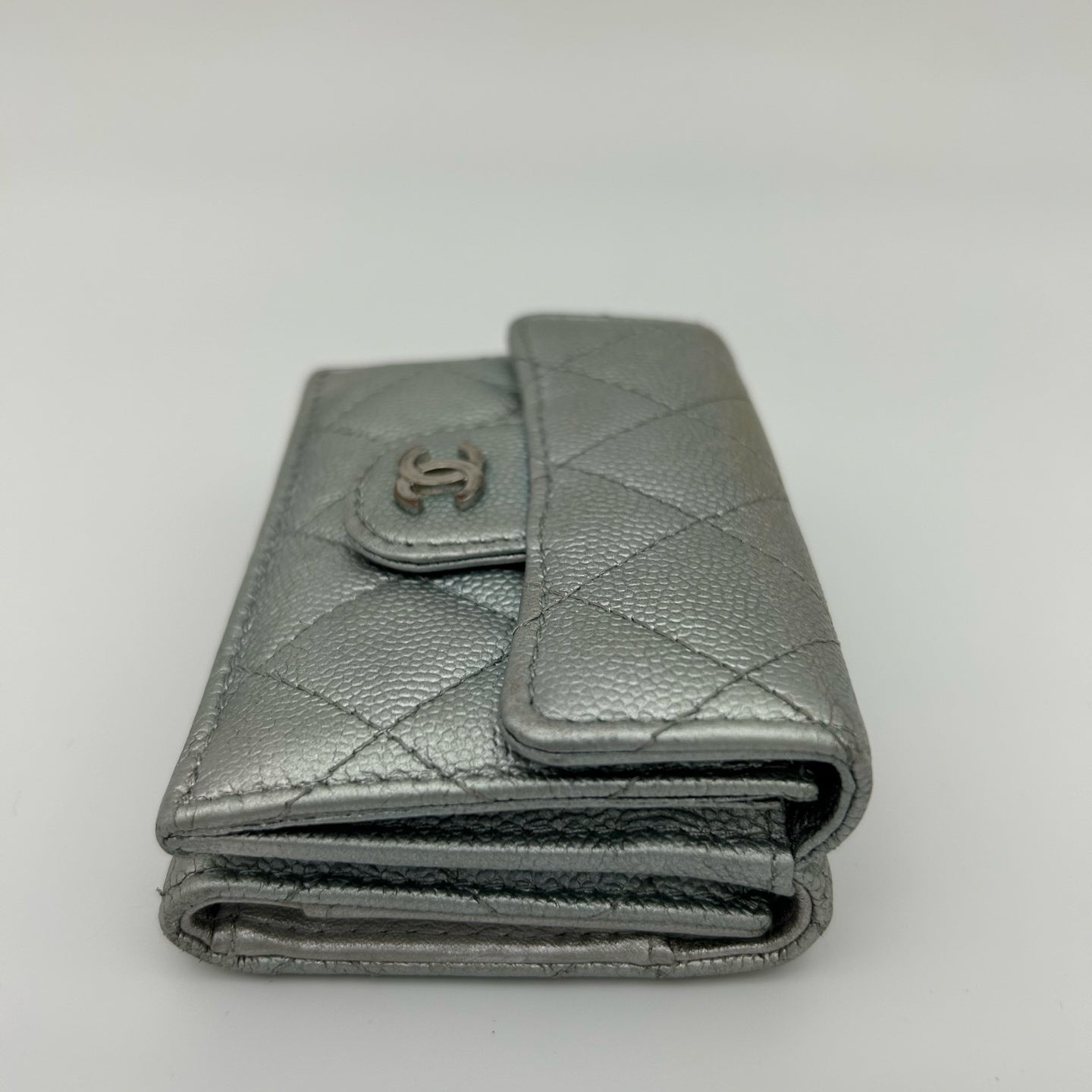 Chanel CF Mini Limited Edition Metallic Silver Leather Tri-Fold Wallet [Used]