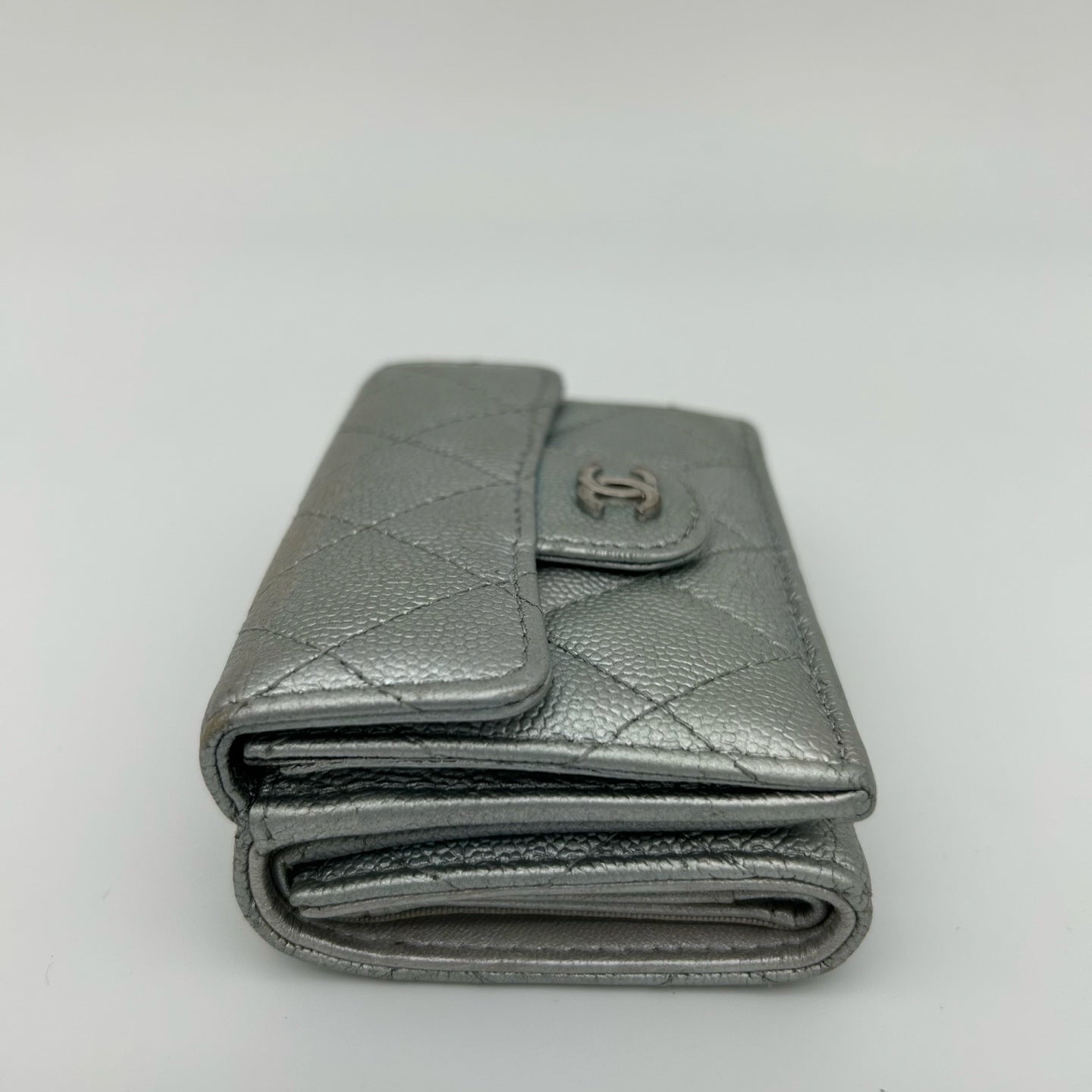 Chanel CF Mini Limited Edition Metallic Silver Leather Tri-Fold Wallet [Used]