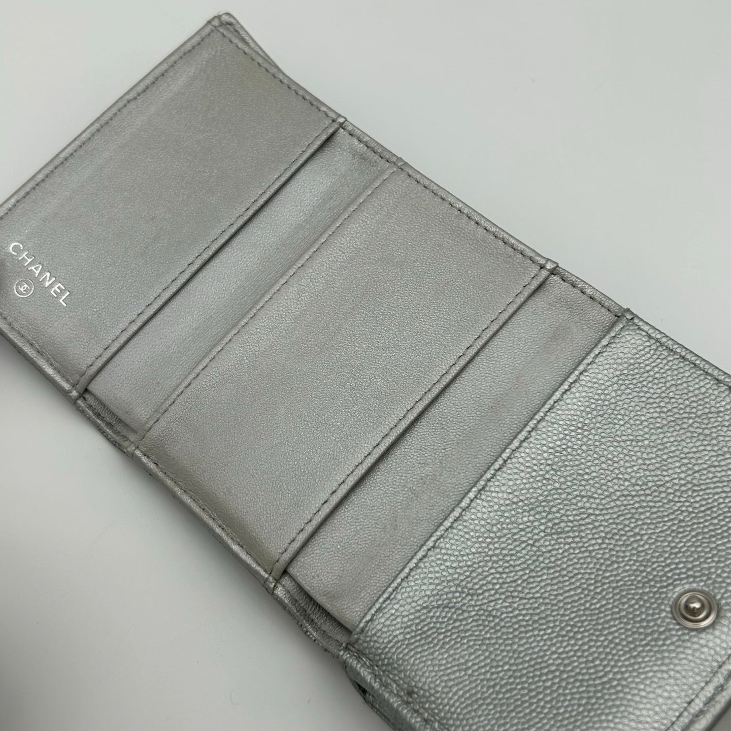 Chanel CF Mini Limited Edition Metallic Silver Leather Tri-Fold Wallet [Used]