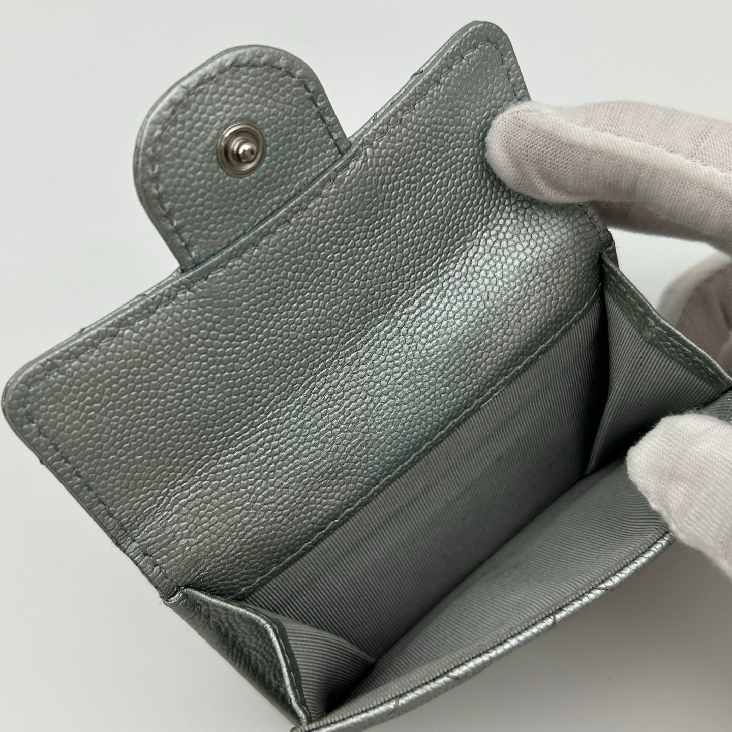 Chanel CF Mini Limited Edition Metallic Silver Leather Tri-Fold Wallet [Used]