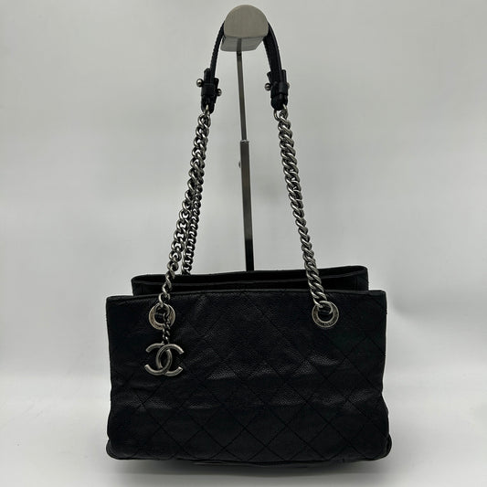 Chanel Black Calfskin Aged Silver Double Chain Shoulder Tote Bag [Used]