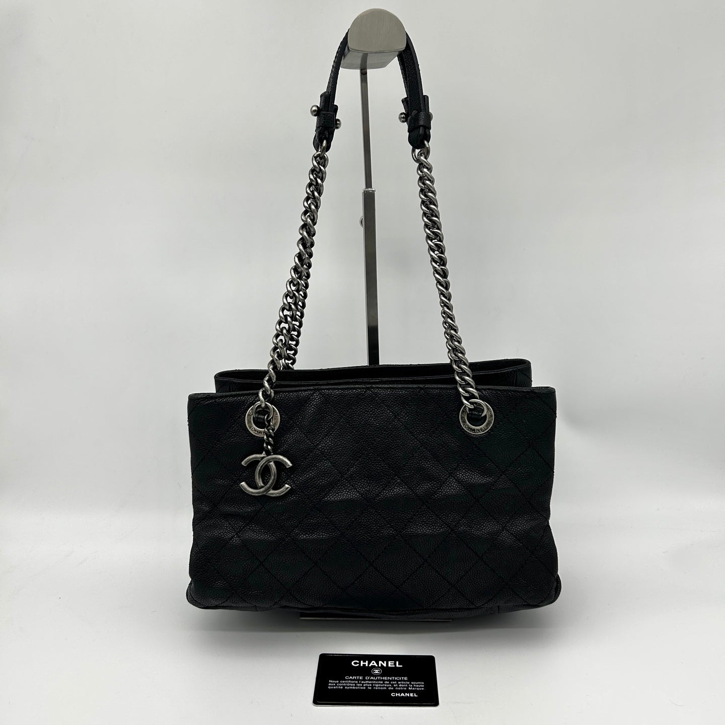 Chanel Black Calfskin Aged Silver Double Chain Shoulder Tote Bag [Used]