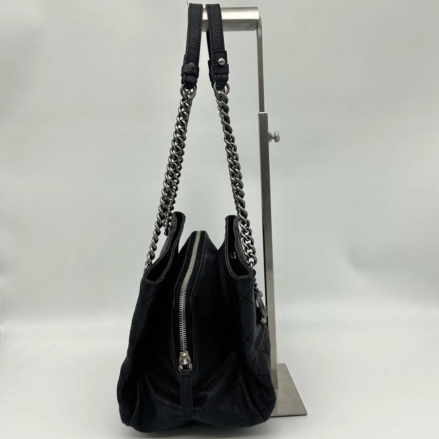 Chanel Black Calfskin Aged Silver Double Chain Shoulder Tote Bag [Used]