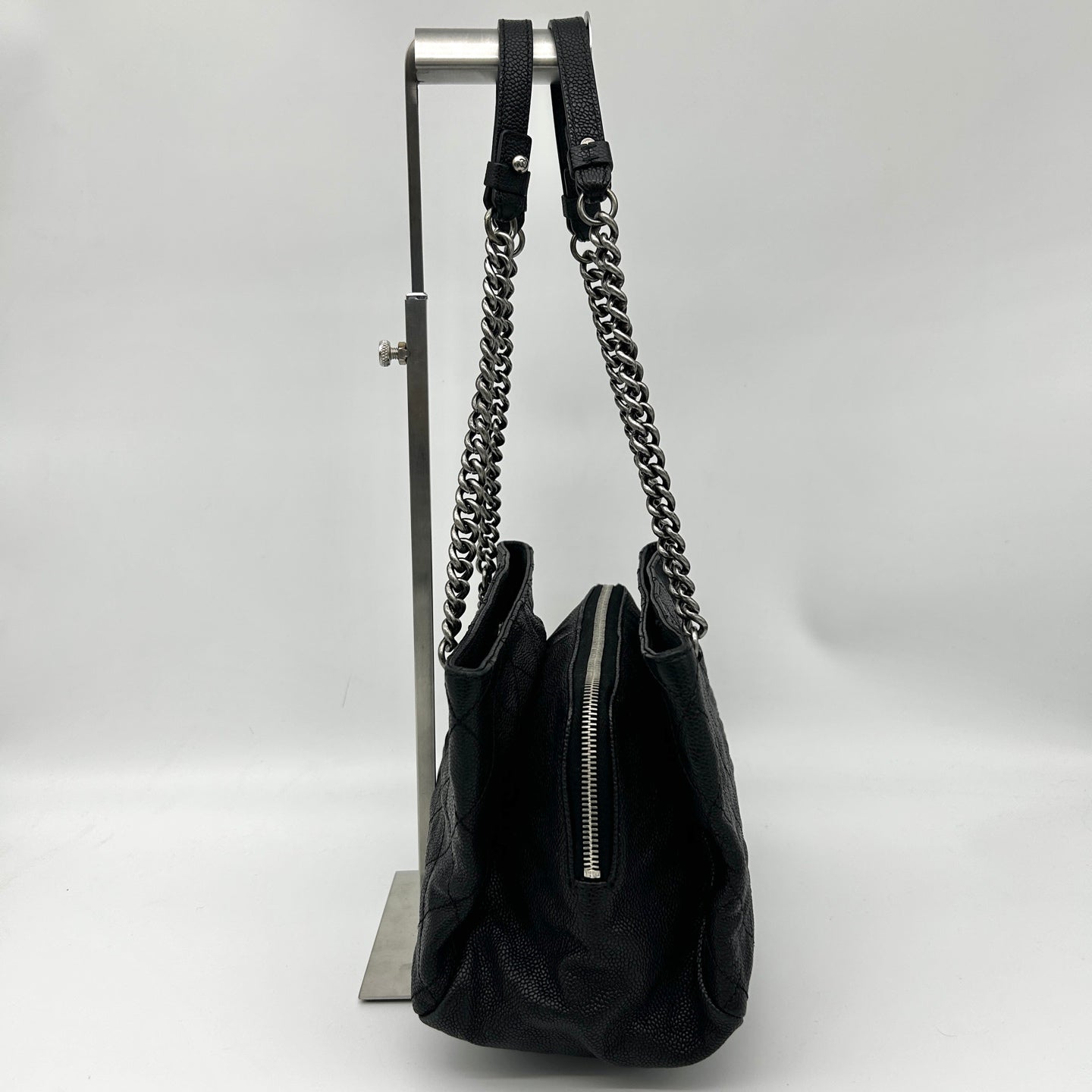 Chanel Black Calfskin Aged Silver Double Chain Shoulder Tote Bag [Used]