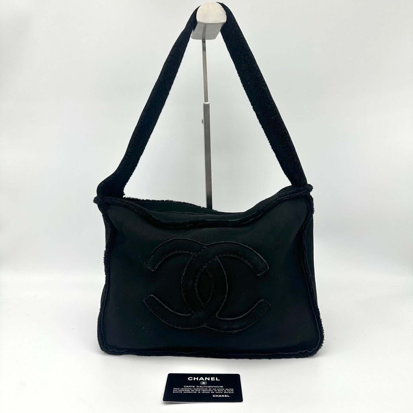 Chanel Black Shearling Logo Stitch Shoulder Bag [Used]