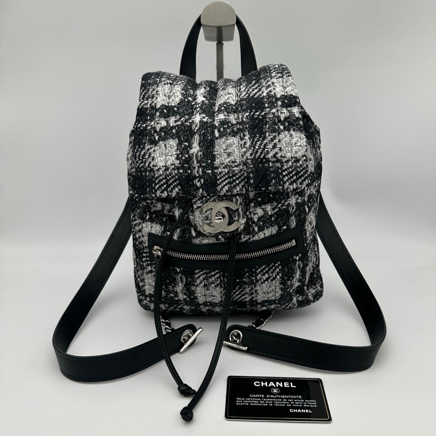 Chanel Black and White Plaid Nylon Tweed-Effect Backpack [Used]
