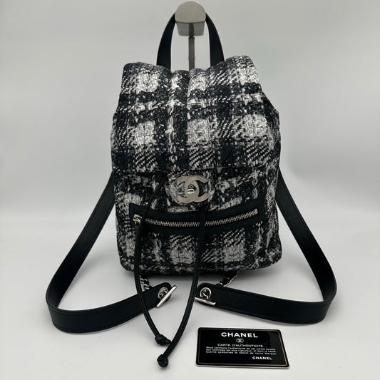 Chanel Black and White Plaid Nylon Tweed-Effect Backpack [Used]