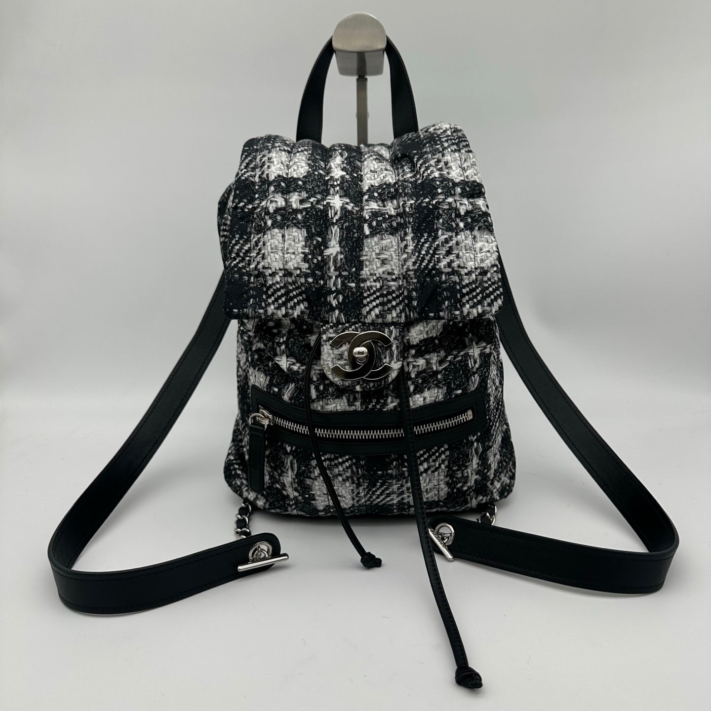 Chanel Black and White Plaid Nylon Tweed-Effect Backpack [Used]