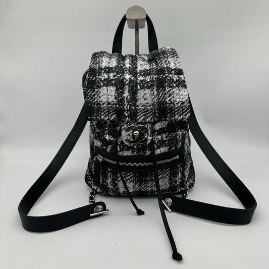 Chanel Black and White Plaid Nylon Tweed-Effect Backpack [Used]