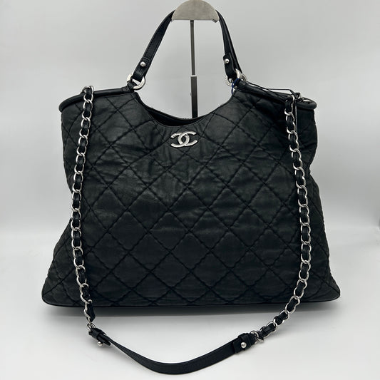 Chanel Black and Silver Quilted XXL Travel Tote with Chain Strap [Used]