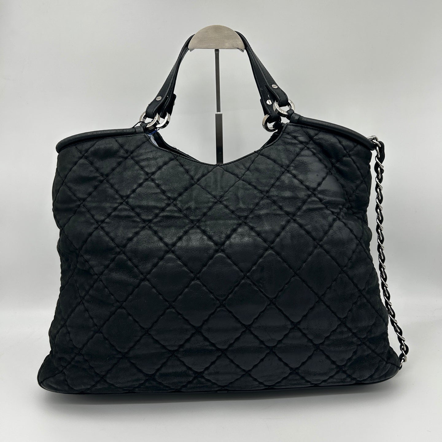 Chanel Black and Silver Quilted XXL Travel Tote with Chain Strap [Used]
