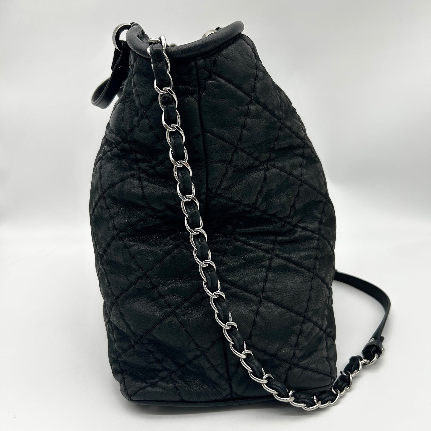 Chanel Black and Silver Quilted XXL Travel Tote with Chain Strap [Used]