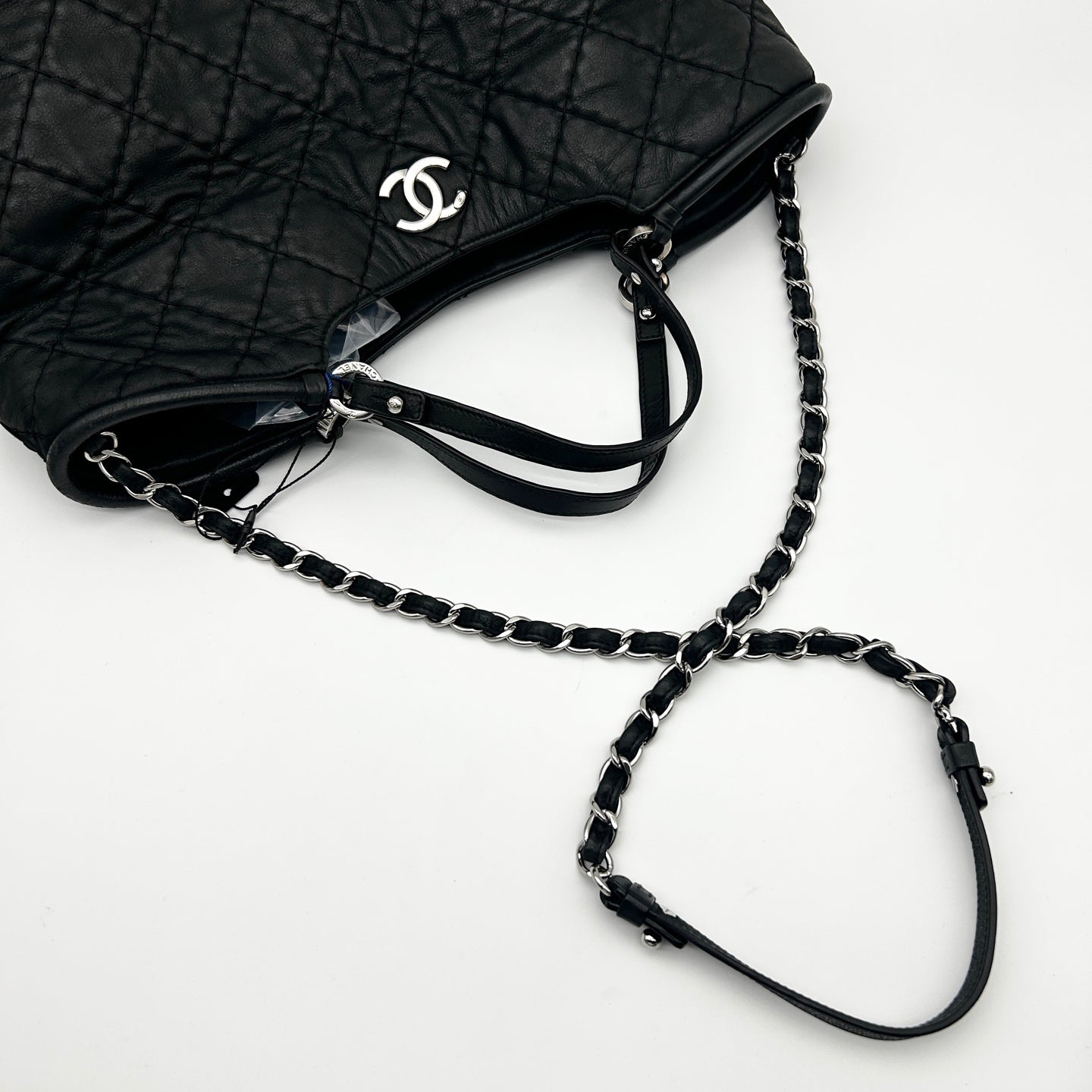 Chanel Black and Silver Quilted XXL Travel Tote with Chain Strap [Used]
